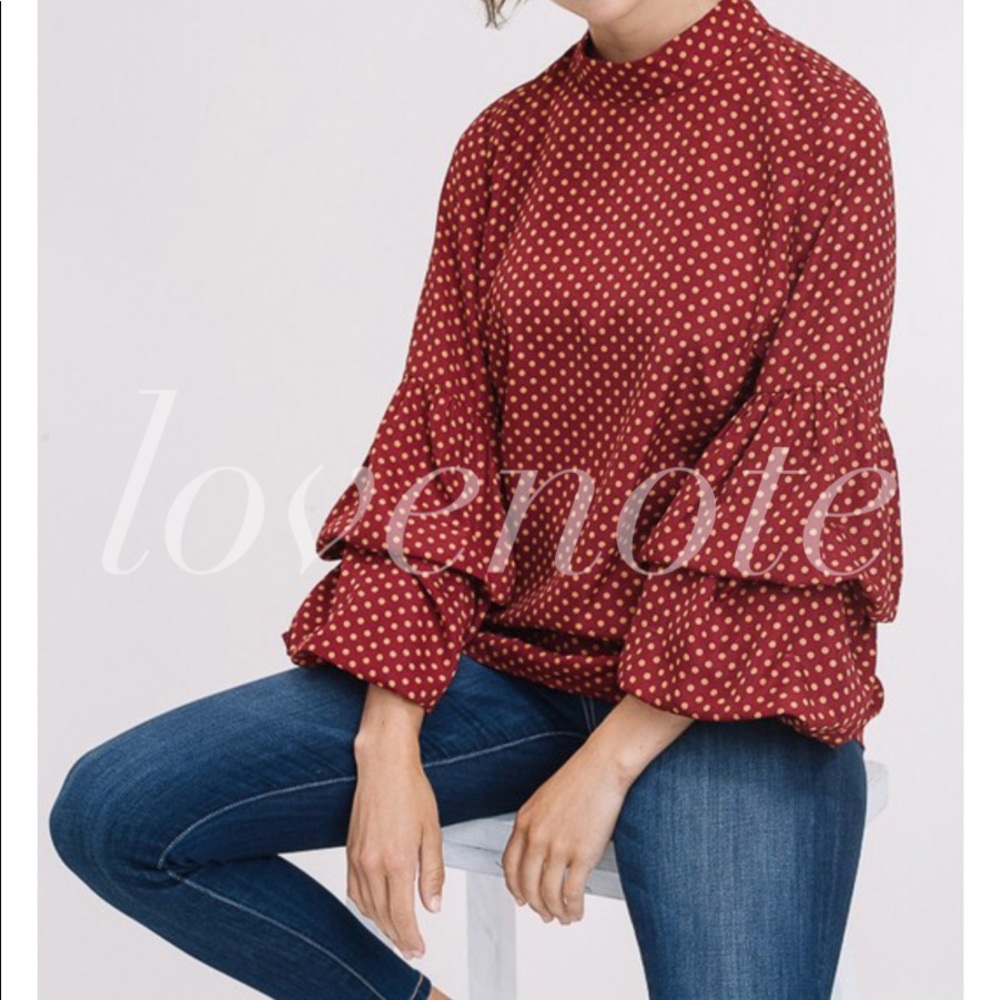 Maple Polka Dot Tiered Puff Ruffle Sleeve Blouse - Picture 3 of 8